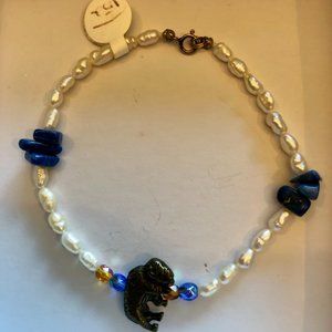 Custom made Blue Lapis Lazuli Seed Pearls Gen Stones Metal Buffalo bracelet New